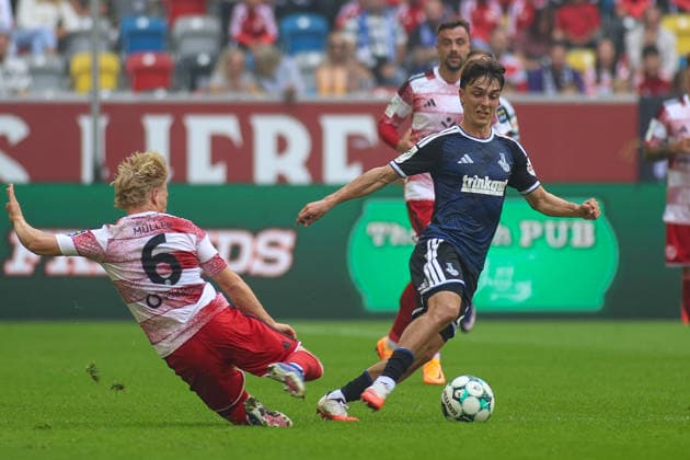 September 12, 2026, GER, Soccer, Men s, 3rd Division, 2026–2027 Season, Fortuna Düsseldorf vs. MSV Duisburg: Andreas Müller (Fortuna Düsseldorf) and Simon Symalla (MSV) battle for the ball Copyright: xSvenxHanischx