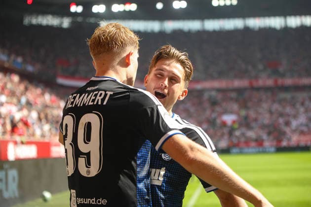 September 12, 2026, GER, Soccer, Men s, 3rd Division, 2026–2027 Season, Fortuna Düsseldorf vs. MSV Duisburg, Peter Remmert (Duisburg) celebrates his goal (0–1) with Tobias Fleckstein, Duisburg vs. Düsseldorf, Merkur Spiel Arena, North Rhine-Westphalia, Germany Copyright: xAdrianxSchlüterx