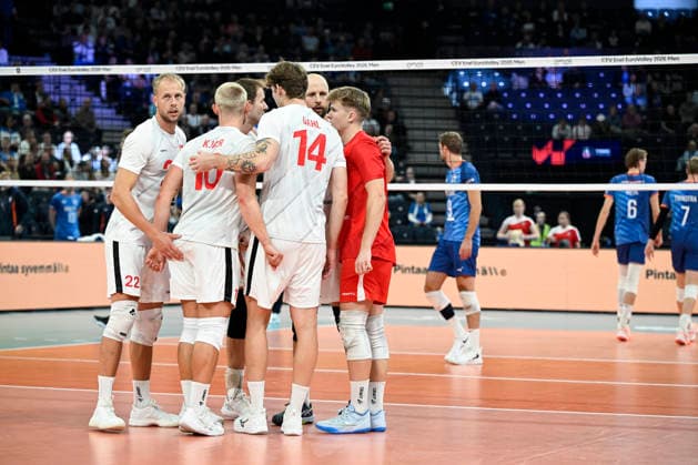 Team Denmark celebrates a point during men s volleyball European Championships Pool C match Denmark vs Netherlands in Tampere, 12th of September, 2026. - EMMI KORHONEN Tampere Finland xp6bF2xSNoo  Copyright: xEmmixKorhonenx xp6bF2xSNoo