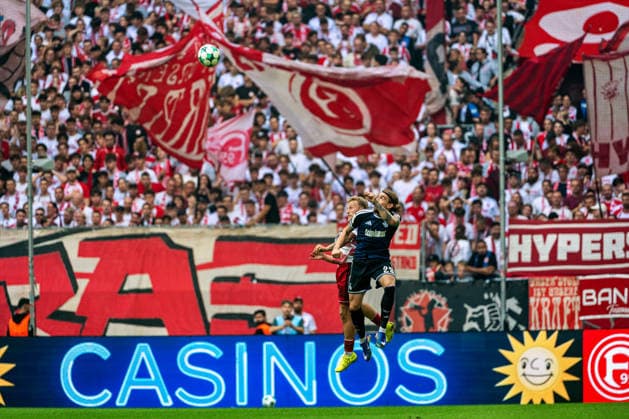 Sascha Risch of Fortuna Düsseldorf, 28, in an aerial duel with Joshua Bitter of MSV Duisburg, 29; Fortuna Düsseldorf vs. MSV Duisburg, soccer, 3. Liga, Matchday 5, 2026–27 season, December 9, 2026, DFL regulations prohibit any use of photographs as image sequences and or quasi-video. Fortuna Düsseldorf vs. MSV Duisburg, soccer, 3. Liga, Matchday 5, 2026–27 season, September 12, 2026, Düsseldorf Copyright: xEibner-Pressefoto LukasxBaldygax EP_LBA