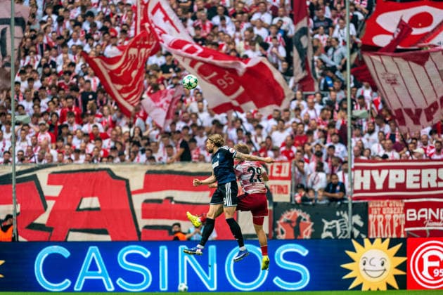 Sascha Risch of Fortuna Düsseldorf, 28, in an aerial duel with Joshua Bitter of MSV Duisburg, 29; Fortuna Düsseldorf vs. MSV Duisburg, soccer, 3. Liga, Matchday 5, 2026–27 season, December 9, 2026, DFL regulations prohibit any use of photographs as image sequences and or quasi-video. Fortuna Düsseldorf vs. MSV Duisburg, soccer, 3. Liga, Matchday 5, 2026–27 season, September 12, 2026, Düsseldorf Copyright: xEibner-Pressefoto LukasxBaldygax EP_LBA