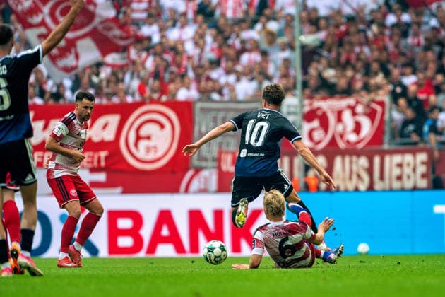 Yassine Bouchama of Fortuna Düsseldorf, No. 05, watches Andreas Mueller of Fortuna Düsseldorf, No. 06, make a sliding tackle, Christian Viet (MSV Duisburg, 10) has the ball cleared; Fortuna Düsseldorf vs. MSV Duisburg, Soccer, 3rd Division, Matchday 5, 2026–27 Season, September 12, 2026, DFL regulations prohibit any use of photographs as image sequences and or quasi-video. Fortuna Düsseldorf vs. MSV Duisburg, Soccer, 3rd Division, Matchday 5, 2026–27 season, September 12, 2026, Düsseldorf Copyright: xEibner-Pressefoto LukasxBaldygax EP_LBA