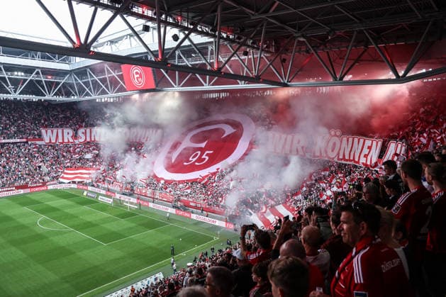 Sports, Soccer, 3rd Division, 2026–2027 Season, Matchday 5: Fortuna Düsseldorf vs. MSV Duisburg, September 12, 2026, MERKUR SPIEL ARENA: Fortuna Düsseldorf fans with a choreographed display before the match in Düsseldorf, MERKUR SPIEL ARENA, North Rhine-Westphalia, Germany