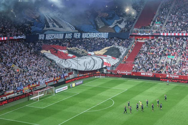 Sports, Soccer, 3rd Division, 2026–2027 Season, Matchday 5: Fortuna Düsseldorf vs. MSV Duisburg, September 12, 2026, MERKUR SPIEL ARENA: MSV Duisburg fans performing a choreographed display before the match in Düsseldorf at the MERKUR SPIEL ARENA, North Rhine-Westphalia, Germany