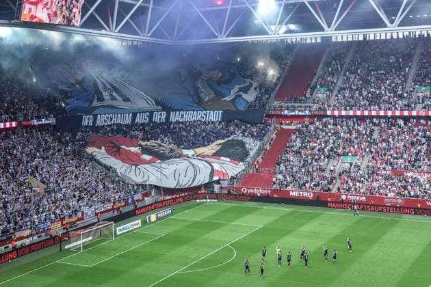 Sports, Soccer, 3rd Division, 2026–2027 Season, Matchday 5: Fortuna Düsseldorf vs. MSV Duisburg, September 12, 2026, MERKUR SPIEL ARENA: MSV Duisburg fans performing a choreographed display before the match in Düsseldorf at the MERKUR SPIEL ARENA, North Rhine-Westphalia, Germany