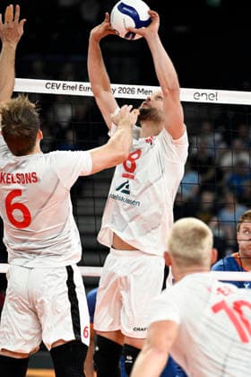 Rasmus Mikelsons, Axel Jacobsen and Tobias Hougs Kjaer of Denmark during men s volleyball European Championships Pool C match Denmark vs Netherlands in Tampere, 12th of September, 2026. - EMMI KORHONEN Tampere Finland HnioB9gx314  Copyright: xEmmixKorhonenx HnioB9gx314
