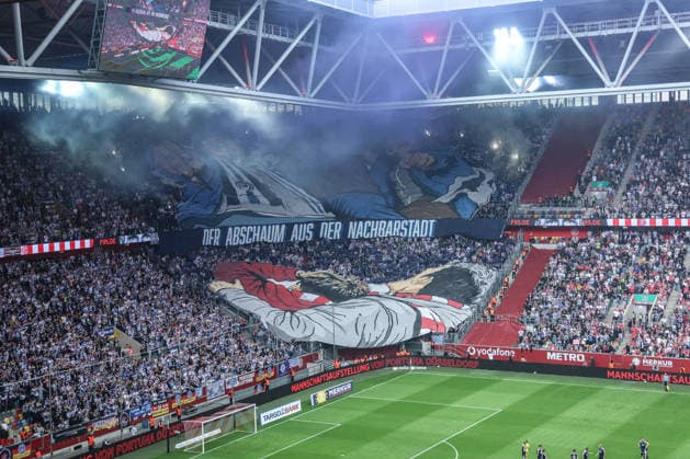 Sports, Soccer, 3rd Division, 2026–2027 Season, Matchday 5: Fortuna Düsseldorf vs. MSV Duisburg, September 12, 2026, MERKUR SPIEL ARENA: MSV Duisburg fans performing a choreographed display before the match in Düsseldorf at the MERKUR SPIEL ARENA, North Rhine-Westphalia, Germany