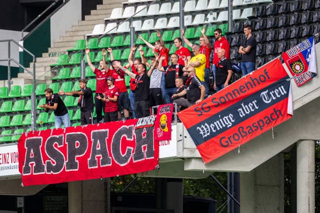 SG Sonnenhof Grossaspach fans in the visitors section cheer on their team. GER, TSV Havelse vs. SG Sonnenhof Grossaspach, soccer, 3rd Division, Matchday 5, 2026–2027 season, September 12, 2026 DFL regulations prohibit the use of photographs as image sequences and or quasi-video GER, TSV Havelse vs. SG Sonnenhof Grossaspach, soccer, 3rd League, Matchday 5, 2026–2027 season, September 12, 2026, Hanover Copyright: xEibner-Pressefoto JanxRollingerx EP_JSK