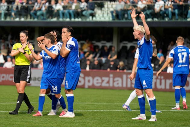 September 12, 2026, Sportclub Arena, Verl, GER, 3rd Division, Matchday 5: SC Verl vs. SV Meppen, Meppen fans disappointed over handball call and referee DFL REGULATIONS PROHIBIT ANY USE OF PHOTOGRAPHS AS IMAGE SEQUENCES AND OR QUASI-VIDEO Verl, North Rhine-Westphalia, Sportclub Arena