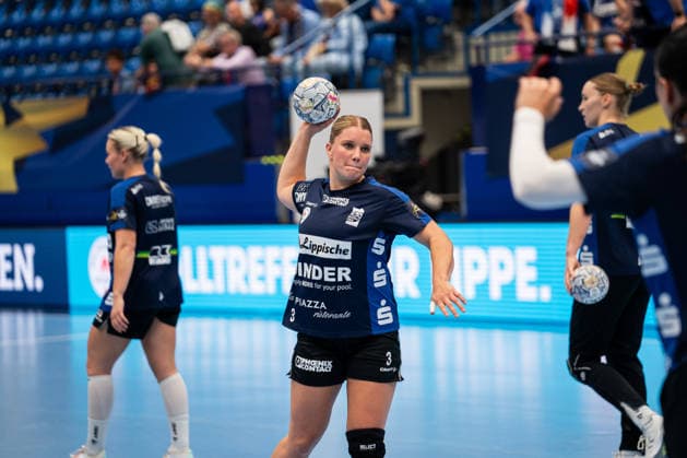 HSG Blomberg Lippe GER vs. Storhamar Handball Elite NOR, Handball, EHF Champions League Women, Group Stage, September 12, 2026, 2026–2027 Season, Lemgo: Laura Rueffieux of HSG Blomberg Lippe, No. 03, shooting during warm-ups at the Lemgo Phoenix Contact Arena in Germany