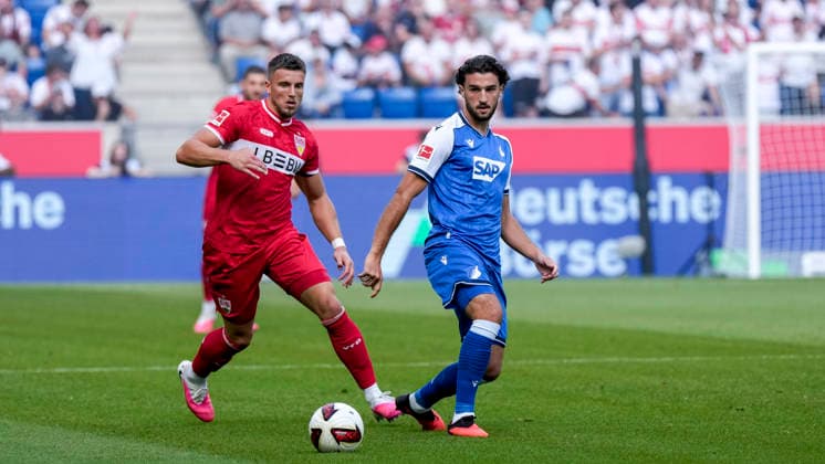 v.li.: Ermedin Demirovic (VfB, 9), Leon Avdullahu (Hoffenheim, 7), Zweikampf, Spielszene, Duell, duel, tackle, tackling, Dynamik, Action, Aktion, 12.09.2026, Sinsheim (Deutschland), Fussball, Bundesliga, TSG 1899 Hoffenheim - VfB Stuttgart, DFB DFL REGULATIONS PROHIBIT ANY USE OF PHOTOGRAPHS AS IMAGE SEQUENCES AND OR QUASI-VIDEO. *** v li Ermedin Demirovic VfB, 9, Leon Avdullahu Hoffenheim, 7, tackle, game scene, duel, tackle, tackling, dynamic, action, 12 09 2026, Sinsheim, Germany, soccer, Bundesliga, TSG 1899 Hoffenheim vs. VfB Stuttgart, DFB and DFL regulations prohibit any use of photographs as image sequences and or quasi-video xozx