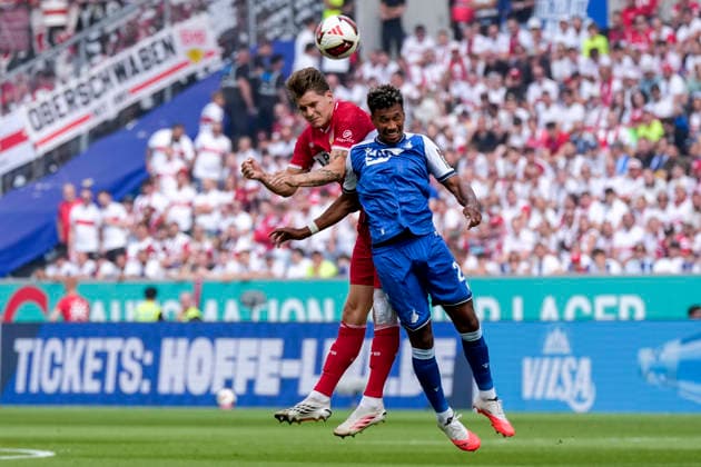 v.li.: Ramon Hendriks (VfB, 3), Bambase Conte (Hoffenheim, 20), beim Kopfball, Kopfballduell, Spielszene, Zweikampf in der Luft, Aktion, Action, 12.09.2026, Sinsheim (Deutschland), Fussball, Bundesliga, TSG 1899 Hoffenheim - VfB Stuttgart, DFB DFL REGULATIONS PROHIBIT ANY USE OF PHOTOGRAPHS AS IMAGE SEQUENCES AND OR QUASI-VIDEO. *** From left: Ramon Hendriks (VfB), 3; Bambase Conte (Hoffenheim), 20; heading, header duel, game scene, aerial duel, action, September 12, 2026, Sinsheim, Germany, soccer, Bundesliga, TSG 1899 Hoffenheim vs. VfB Stuttgart, DFB and DFL regulations prohibit any use of photographs as image sequences and or quasi-video xozx