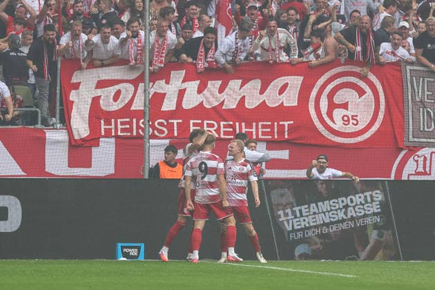 September 12, 2026, GER, Soccer, Men s, 3rd Division, 2026–2027 Season, Fortuna Düsseldorf vs. MSV Duisburg, Eric Hottmann (F95) celebrates his goal, making the score 2–1, Düsseldorf Merkur Spiel Arena, North Rhine-Westphalia, Germany Copyright: xAdrianxSchlüterx