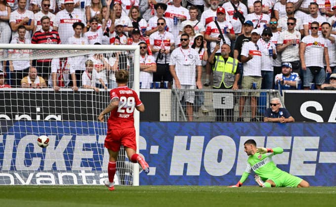 TOR zum 1:0 Torschuss Aktion Torchance Adam Hlozek TSG 1899 Hoffenheim (10) (nicht im Bild) gegen Torwart Fabian Bredlow VfB Stuttgart (01) TSG 1899 Hoffenheim vs VfB Stuttgart 12.09.2026 DFL REGULATIONS PROHIBIT ANY USE OF PHOTOGRAPHS AS IMAGE SEQUENCES AND OR QUASI-VIDEO TSG 1899 Hoffenheim vs VfB Stuttgart *** GOAL: 1-0, shot on goal, scoring chance by Adam Hlozek (TSG 1899 Hoffenheim 10, not shown in the frame) against goalkeeper Fabian Bredlow (VfB Stuttgart 01), TSG 1899 Hoffenheim vs. VfB Stuttgart, September 12, 2026, DFL REGULATIONS PROHIBIT ANY USE OF PHOTOGRAPHS AS IMAGE SEQUENCES AND OR QUASI-VIDEO TSG 1899 Hoffenheim vs. VfB Stuttgart