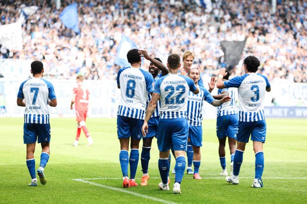Torjubel - Torschütze Emmanuel Iyoha (1. FC Magdeburg,8) trifft zum 3-0 - 2. Fußball Bundesliga Saison 2026-2027 1. FC Magdeburg vs 1. FC Kaiserslautern in der Avnet Arena in Magdeburg - Aktion,Fußball,Mann,Männer,Deutschland,12.09.2026 *** Goal celebration: Goal scorer Emmanuel Iyoha of 1. FC Magdeburg, 8, scores to make it 3–0. 2026–2027 Bundesliga season: 1. FC Magdeburg vs. 1. FC Kaiserslautern at the Avnet Arena in Magdeburg. Action, soccer, man,Men, Germany, September 12, 2026