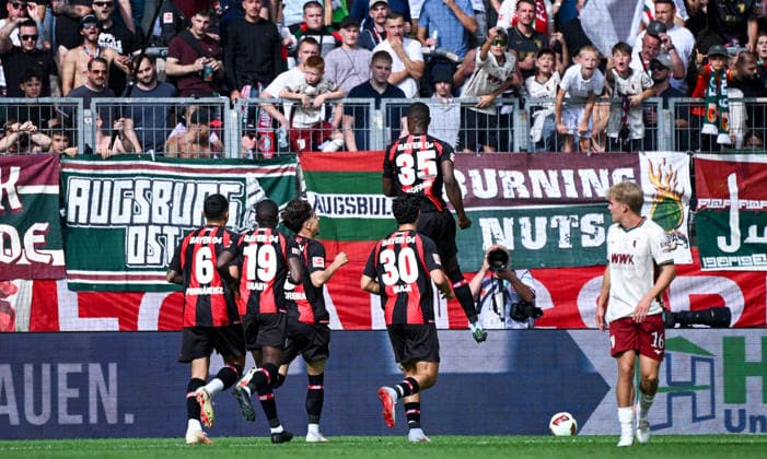 12.09.2026, xemx, Fussball 1.Bundesliga, FC Augsburg - Bayer 04 Leverkusen v.l. Christian Kofane (Bayer 04 Leverkusen) Jubel, Torjubel, celebrate the goal, jubelt ueber das Tor zum 0:1 (DFL DFB REGULATIONS PROHIBIT ANY USE OF PHOTOGRAPHS as IMAGE SEQUENCES and or QUASI-VIDEO) Augsburg *** September 12, 2026, xemx, Soccer, Bundesliga 1, FC Augsburg vs. Bayer 04 Leverkusen, Christian Kofane (Bayer 04 Leverkusen) celebrating, Goal celebration, celebrating the goal, cheering over the goal that made it 0–1 DFL DFB REGULATIONS PROHIBIT ANY USE OF PHOTOGRAPHS as IMAGE SEQUENCES and or QUASI-VIDEO Augsburg