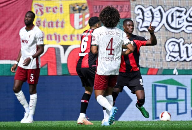 12.09.2026, xemx, Fussball 1.Bundesliga, FC Augsburg - Bayer 04 Leverkusen v.l. Christian Kofane (Bayer 04 Leverkusen) Jubel, Torjubel, celebrate the goal, jubelt ueber das Tor zum 0:1 (DFL DFB REGULATIONS PROHIBIT ANY USE OF PHOTOGRAPHS as IMAGE SEQUENCES and or QUASI-VIDEO) Augsburg *** September 12, 2026, xemx, Soccer, Bundesliga 1, FC Augsburg vs. Bayer 04 Leverkusen, Christian Kofane (Bayer 04 Leverkusen) celebrating, Goal celebration, celebrating the goal, cheering the 0–1 goal DFL DFB REGULATIONS PROHIBIT ANY USE OF PHOTOGRAPHS AS IMAGE SEQUENCES AND OR QUASI-VIDEO Augsburg