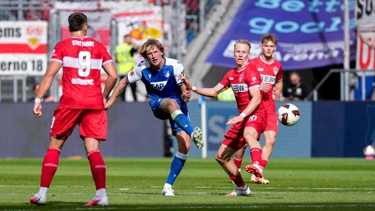 v.li.: Ermedin Demirovic (VfB, 9), Wouter Burger (Hoffenheim, 18), Chris Führich (VfB, 10), Zweikampf, Spielszene, Duell, duel, tackle, tackling, Dynamik, Action, Aktion, 12.09.2026, Sinsheim (Deutschland), Fussball, Bundesliga, TSG 1899 Hoffenheim - VfB Stuttgart, DFB DFL REGULATIONS PROHIBIT ANY USE OF PHOTOGRAPHS AS IMAGE SEQUENCES AND OR QUASI-VIDEO. *** v li Ermedin Demirovic VfB, 9, Wouter Burger Hoffenheim, 18, Chris Führich VfB, 10, tackle, game scene, duel, tackle, tackling, dynamic, action, 12 09 2026, Sinsheim, Germany, soccer, Bundesliga, TSG 1899 Hoffenheim vs. VfB Stuttgart, DFB and DFL regulations prohibit any use of photographs as image sequences and or quasi-video xozx