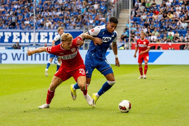 12.09.2026, xdaymx, Fussball 1.Bundesliga, TSG 1899 Hoffenheim - VfB Stuttgart. vl. Finn Jeltsch (VfB Stuttgart) im Zweikampf mit Adam Daghim (TSG Hoffenheim) (DFL DFB REGULATIONS PROHIBIT ANY USE OF PHOTOGRAPHS as IMAGE SEQUENCES and or QUASI-VIDEO) Sinsheim *** September 12, 2026, xdaymx, Soccer, Bundesliga 1, TSG 1899 Hoffenheim vs. VfB Stuttgart, photo by Finn Jeltsch: VfB Stuttgart in a tackle with Adam Daghim of TSG Hoffenheim. DFL, DFB. REGULATIONS PROHIBIT ANY USE OF PHOTOGRAPHS AS IMAGE SEQUENCES AND OR QUASI-VIDEO. Sinsheim