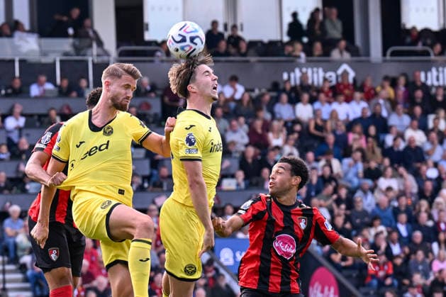 Bournemouth v Brentford Premier League Jannik Schuster of Brentford wins a header during the Premier League match at the Vitality Stadium, Bournemouth 12 09 2026 UK Newspapers OUT Copyright: xJeremyxLandeyx FIL-23934-0024