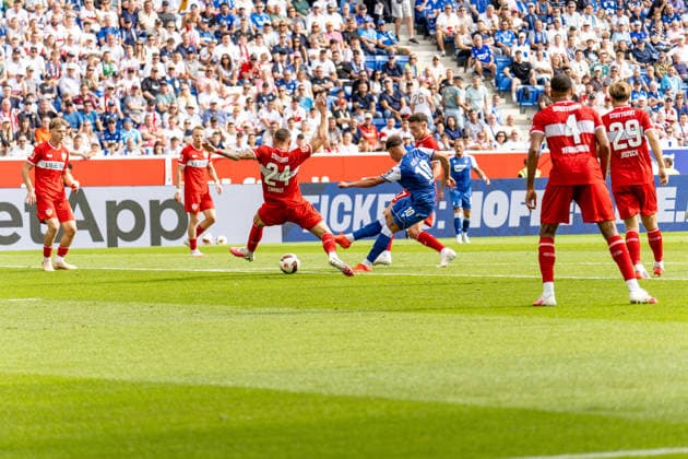 12.09.2026, xdaymx, Fussball 1.Bundesliga, TSG 1899 Hoffenheim - VfB Stuttgart. vl. Jeff Chabot (VfB Stuttgart) versucht den Torschuss von Adam Hlozek (TSG Hoffenheim) vergeblich abzuwehren, auf der Linie rettet jedoch Fabian Bredlow (VfB Stuttgart). (DFL DFB REGULATIONS PROHIBIT ANY USE OF PHOTOGRAPHS as IMAGE SEQUENCES and or QUASI-VIDEO) Sinsheim *** September 12, 2026, xdaymx, Soccer 1. Bundesliga, TSG 1899 Hoffenheim vs. VfB Stuttgart, referee Jeff Chabot. VfB Stuttgart tries in vain to block Adam Hlozek’s shot for TSG Hoffenheim, but Fabian Bredlow of VfB Stuttgart makes a save on the line. DFL DFB REGULATIONS PROHIBIT ANY USE OF PHOTOGRAPHS AS IMAGE SEQUENCES AND OR QUASI-VIDEO Sinsheim