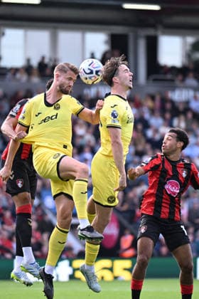 12th September 2026; Vitality Stadium, Bournemouth, England; Premier League Football, Bournemouth versus Brentford; Kristoffer Ajer of Brentford FC heads at goal SimonxWest