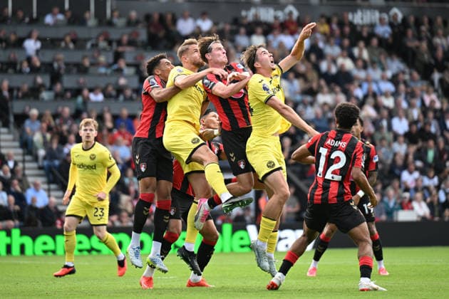 12th September 2026; Vitality Stadium, Bournemouth, England; Premier League Football, Bournemouth versus Brentford; Kristoffer Ajer and Yegor Yarmolyuk of Brentford FC competes in the air with Alex Scott of AFC Bournemouth SimonxWest