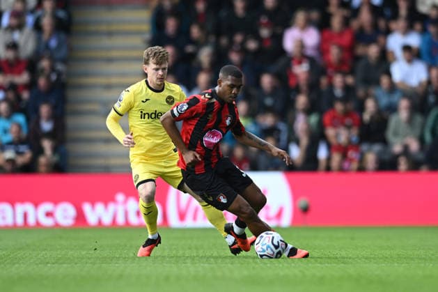 12th September 2026; Vitality Stadium, Bournemouth, England; Premier League Football, Bournemouth versus Brentford; Rayan of AFC Bournemouth competes for the ball with Keane Lewis-Potter of Brentford FC SimonxWest
