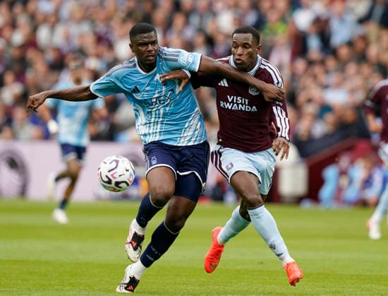 Birmingham, England, 12th September 2026. Ousmane Diomande of Nottingham Forest (l) tussles with Nicolas Jackson of Aston Villa (r) during the Aston Villa vs Nottingham Forest Premier League match at Villa Park, Birmingham. Picture credit should read: Andrew Yates Sportimage EDITORIAL USE ONLY. No use with unauthorised audio, video, data, fixture lists, club league logos or live services. Online in-match use limited to 120 images, no video emulation. No use in betting, games or single club league player publications. SPI_002_AY_Villa_Forest SPI-4990-0002