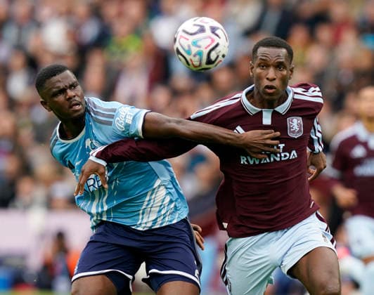 Birmingham, England, 12th September 2026. Ousmane Diomande of Nottingham Forest (l) tussles with Nicolas Jackson of Aston Villa (r) during the Aston Villa vs Nottingham Forest Premier League match at Villa Park, Birmingham. Picture credit should read: Andrew Yates Sportimage EDITORIAL USE ONLY. No use with unauthorised audio, video, data, fixture lists, club league logos or live services. Online in-match use limited to 120 images, no video emulation. No use in betting, games or single club league player publications. SPI_003_AY_Villa_Forest SPI-4990-0003