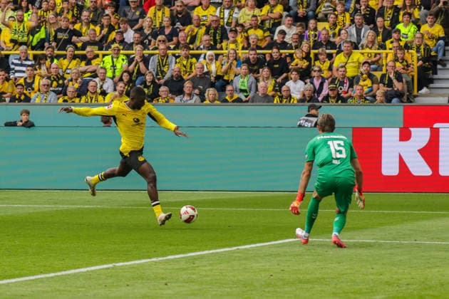 12.09.2026, xgrfx, Fussball 1.Bundesliga, Borussia Dortmund - SC Paderborn 07 v.l. Serhou Guirassy (Borussia Dortmund), Nanuel Noll (SC Paderborn) (DFL DFB REGULATIONS PROHIBIT ANY USE OF PHOTOGRAPHS as IMAGE SEQUENCES and or QUASI-VIDEO) Dortmund *** September 12, 2026, xgrfx, Soccer 1st Bundesliga, Borussia Dortmund vs. SC Paderborn 07, Serhou Guirassy (Borussia Dortmund), Nanuel Noll (SC Paderborn). DFL and DFB regulations prohibit any use of photographs as image sequences and or quasi-video. Dortmund