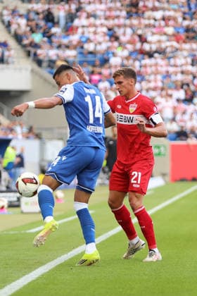 12.09.2026, xtvx, Fussball 1.Bundesliga, TSG 1899 Hoffenheim - VfB Stuttgart v.l. Zweikampf, Duell, duel, tackle, compete Adam Daghim (TSG 1899 Hoffenheim) Grischa Proemel (VfB Stuttgart) (DFL DFB REGULATIONS PROHIBIT ANY USE OF PHOTOGRAPHS as IMAGE SEQUENCES and or QUASI-VIDEO) Sinsheim *** September 12, 2026, xtvx, Soccer, Bundesliga 1, TSG 1899 Hoffenheim vs. VfB Stuttgart, tackle, duel, tackle, compete Adam Daghim TSG 1899 Hoffenheim Grischa Proemel VfB Stuttgart DFL DFB REGULATIONS PROHIBIT ANY USE OF PHOTOGRAPHS as IMAGE SEQUENCES and or QUASI-VIDEO Sinsheim
