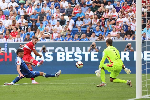 12.09.2026, xtvx, Fussball 1.Bundesliga, TSG 1899 Hoffenheim - VfB Stuttgart v.l. Torschuss, has a shot on goal Ermedin Demirovic (VfB Stuttgart) Torwart Oliver Baumann (TSG 1899 Hoffenheim) (DFL DFB REGULATIONS PROHIBIT ANY USE OF PHOTOGRAPHS as IMAGE SEQUENCES and or QUASI-VIDEO) Sinsheim *** September 12, 2026, xtvx, Soccer, Bundesliga 1, TSG 1899 Hoffenheim vs. VfB Stuttgart, shot on goal, Ermedin Demirovic takes a shot on goal; VfB Stuttgart goalkeeper Oliver Baumann; TSG 1899 Hoffenheim; DFL; DFB regulations prohibit any use of photographs as image sequences and or quasi-video; Sinsheim