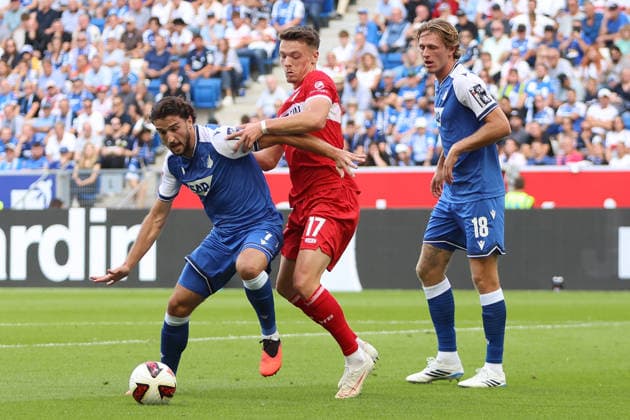 12.09.2026, xtvx, Fussball 1.Bundesliga, TSG 1899 Hoffenheim - VfB Stuttgart v.l. Zweikampf, Duell, duel, tackle, compete Leon Avdullahu (TSG 1899 Hoffenheim) Dzenan Pejcinovic (VfB Stuttgart) (DFL DFB REGULATIONS PROHIBIT ANY USE OF PHOTOGRAPHS as IMAGE SEQUENCES and or QUASI-VIDEO) Sinsheim *** September 12, 2026, xtvx, Soccer, Bundesliga 1, TSG 1899 Hoffenheim vs. VfB Stuttgart, v l Tackle, duel, tackle, compete Leon Avdullahu TSG 1899 Hoffenheim Dzenan Pejcinovic VfB Stuttgart DFL DFB REGULATIONS PROHIBIT ANY USE OF PHOTOGRAPHS AS IMAGE SEQUENCES AND OR QUASI-VIDEO Sinsheim