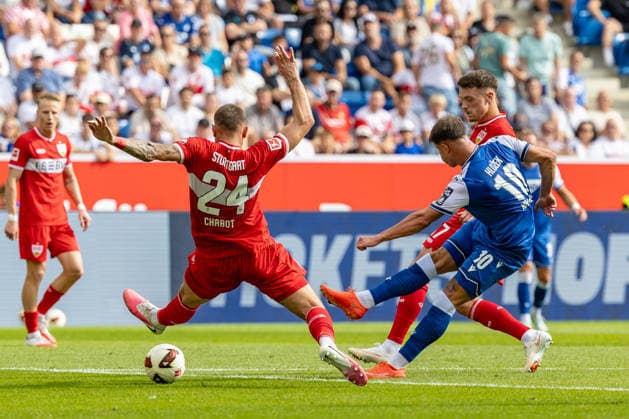 Torchance Adam Hlozek (TSG Hoffenheim, 10) Jeff Chabot (VfB Stuttgart, 24) graetscht dynamisch daneben Dzenan Pejcinovic (VfB Stuttgart, 17), GER, TSG Hoffenheim vs. VfB Stuttgart, Fussball, 1. Bundesliga, 03. Spieltag, Spielzeit 2026 2027, 12.09.2026, DFL DFB REGULATIONS PROHIBIT ANY USE OF PHOTOGRAPHS AS IMAGE SEQUENCES AND OR QUASI-VIDEO, GER, TSG Hoffenheim vs. VfB Stuttgart, Fussball, 1. Bundesliga, 03. Spieltag, Spielzeit 2026 2027, 12.09.2026 Sinsheim *** Scoring chance: Adam Hlozek (TSG Hoffenheim), 10 Jeff Chabot (VfB Stuttgart), 24 Dzenan Pejcinovic (VfB Stuttgart) makes a dynamic slide tackle but misses, 17, GER, TSG Hoffenheim vs. VfB Stuttgart, Soccer, Bundesliga 1, Matchday 03, 2026–2027 season, September 12, 2026, DFL and DFB regulations prohibit any use of photographs as image sequences and or quasi-video, GER, TSG Hoffenheim vs. VfB Stuttgart, soccer, Bundesliga 1, Matchday 3, 2026–2027 Season, September 12, 2026, Sinsheim Copyright: xEibner-Pressefoto JanixPlessx EP_JPL