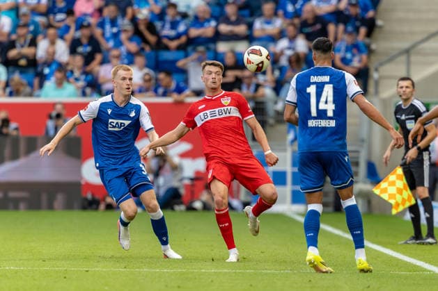 Zweikampf Dzenan Pejcinovic (VfB Stuttgart, 17) Mats Rots (TSG Hoffenheim, 39) davor Adam Daghim (TSG Hoffenheim, 14), GER, TSG Hoffenheim vs. VfB Stuttgart, Fussball, 1. Bundesliga, 03. Spieltag, Spielzeit 2026 2027, 12.09.2026, DFL DFB REGULATIONS PROHIBIT ANY USE OF PHOTOGRAPHS AS IMAGE SEQUENCES AND OR QUASI-VIDEO, GER, TSG Hoffenheim vs. VfB Stuttgart, Fussball, 1. Bundesliga, 03. Spieltag, Spielzeit 2026 2027, 12.09.2026 Sinsheim *** Tackle by Dzenan Pejcinovic (VfB Stuttgart), 17 Mats Rots (TSG Hoffenheim), 39 Adam Daghim (TSG Hoffenheim) in front, 14, GER, TSG Hoffenheim vs. VfB Stuttgart, Soccer, Bundesliga 1, Matchday 03, 2026–2027 season, September 12, 2026, DFL and DFB regulations prohibit any use of photographs as image sequences and or quasi-video, GER, TSG Hoffenheim vs. VfB Stuttgart, soccer, Bundesliga 1, Matchday 3, 2026–2027 Season, September 12, 2026, Sinsheim Copyright: xEibner-Pressefoto JanixPlessx EP_JPL