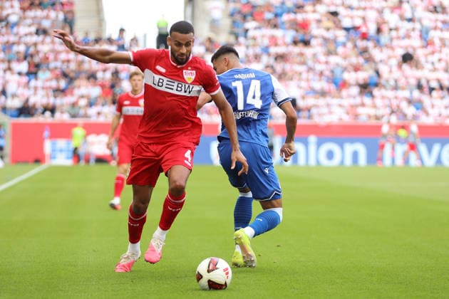 12.09.2026, xtvx, Fussball 1.Bundesliga, TSG 1899 Hoffenheim - VfB Stuttgart v.l. Zweikampf, Duell, duel, tackle, compete Josha Vagnoman (VfB Stuttgart) Adam Daghim (TSG 1899 Hoffenheim) (DFL DFB REGULATIONS PROHIBIT ANY USE OF PHOTOGRAPHS as IMAGE SEQUENCES and or QUASI-VIDEO) Sinsheim *** September 12, 2026, xtvx, Soccer, Bundesliga 1, TSG 1899 Hoffenheim vs. VfB Stuttgart, l Tackle, duel, tackle, compete, Josha Vagnoman (VfB Stuttgart) vs. Adam Daghim (TSG 1899 Hoffenheim), DFL, DFB regulations prohibit any use of photographs as image sequences and or quasi-video, Sinsheim
