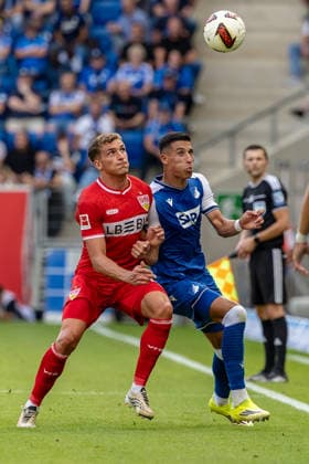 Zweikampf Grischa Proemel (VfB Stuttgart, 21) Adam Daghim (TSG Hoffenheim, 14) Mimik, GER, TSG Hoffenheim vs. VfB Stuttgart, Fussball, 1. Bundesliga, 03. Spieltag, Spielzeit 2026 2027, 12.09.2026, DFL DFB REGULATIONS PROHIBIT ANY USE OF PHOTOGRAPHS AS IMAGE SEQUENCES AND OR QUASI-VIDEO, GER, TSG Hoffenheim vs. VfB Stuttgart, Fussball, 1. Bundesliga, 03. Spieltag, Spielzeit 2026 2027, 12.09.2026 Sinsheim *** Tackle: Grischa Proemel (VfB Stuttgart), 21 Adam Daghim (TSG Hoffenheim), 14 Mimik, GER, TSG Hoffenheim vs. VfB Stuttgart, Soccer, Bundesliga 1, Matchday 3, 2026–2027 Season, September 12, 2026, DFL and DFB regulations prohibit any use of photographs as image sequences and or quasi-video, GER, TSG Hoffenheim vs. VfB Stuttgart, soccer, Bundesliga 1, Matchday 3, 2026–2027 Season, September 12, 2026, Sinsheim Copyright: xEibner-Pressefoto JanixPlessx EP_JPL