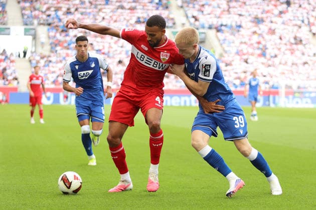 12.09.2026, xtvx, Fussball 1.Bundesliga, TSG 1899 Hoffenheim - VfB Stuttgart v.l. Zweikampf, Duell, duel, tackle, compete Josha Vagnoman (VfB Stuttgart) Mats Rots (TSG 1899 Hoffenheim) (DFL DFB REGULATIONS PROHIBIT ANY USE OF PHOTOGRAPHS as IMAGE SEQUENCES and or QUASI-VIDEO) Sinsheim *** September 12, 2026, xtvx, Soccer, Bundesliga 1, TSG 1899 Hoffenheim vs. VfB Stuttgart, left: tackle, duel, tackle, compete Josha Vagnoman, VfB Stuttgart; Mats Rots, TSG 1899 Hoffenheim; DFL; DFB REGULATIONS PROHIBIT ANY USE OF PHOTOGRAPHS AS IMAGE SEQUENCES AND OR QUASI-VIDEO; Sinsheim