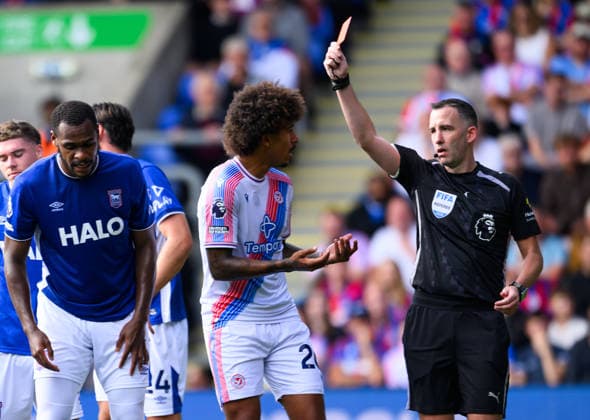 Crystal Palace v Ipswich Town Premier League Match Referee Chris Kavanagh shows a red card to Axel Disasi of Crystal Palace during the Premier League match at Selhurst Park, London 12 09 2026 UK Newspapers OUT Copyright: xGraemexWilcocksonx FIL-23935-0054