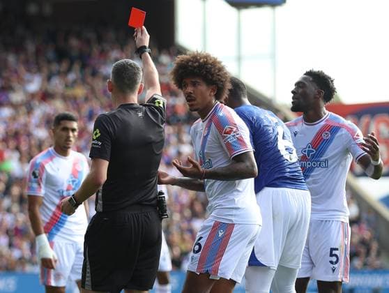 Premier League - Crystal Palace v Ipswich Town LONDON, ENGLAND, SEPTEMBER 12: Axel Disasi of Crystal Palace is shown a red card and sent off by Referee, Chris Kavanagh after a tackle on Jack Clarke of Ipswich Town during The Premier League match between Crystal Palace v Ipswich Town at Selhurst Park Stadium, London, England, on September 12. (Photo by Daniel Weir) London Selhurst Park Stadium England Copyright: xDanielxWeir SportsxPressxPhotox Sportspressphoto_SPR228644