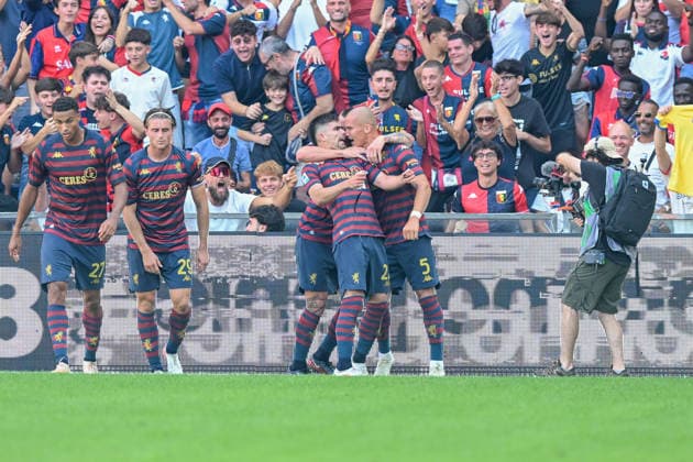 Genoa™s Johan Vasquez celebrates after scoring a goal for his team during the Serie A soccer match between Genoa and Frosinone at the Luigi Ferraris Stadium in Genoa, Italy - Saturday, September 12, 2026. - Soccer .  Copyright: xTanoxPecoraro LaPressex