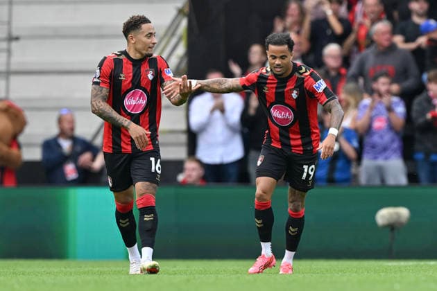 Bournemouth v Brentford Premier League Justin Kluivert of Bournemouth celebrates scoring his side s first goal with Marcus Tavernier of Bournemouth during the Premier League match at the Vitality Stadium, Bournemouth 12 09 2026 UK Newspapers OUT Copyright: xJeremyxLandeyx FIL-23934-0034