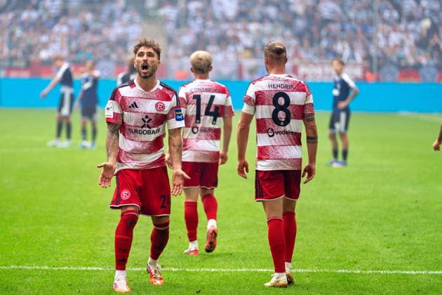 Fabian Schleusener, Fortuna Düsseldorf, 24 goal celebration after the 2–1 winning goal; Jorrit Hendrix, Fortuna Düsseldorf, 08, celebration, joy, emotion, Fortuna Düsseldorf vs. MSV Duisburg, soccer, 3. Liga, Matchday 5, 2026–27 season, September 12, 2026, DFL regulations prohibit any use of photographs as image sequences and or quasi-video; Fortuna Düsseldorf vs. MSV Duisburg, soccer, 3. Liga, Matchday 5, 2026–27 season, September 12, 2026, Düsseldorf Copyright: xEibner-Pressefoto LukasxBaldygax EP_LBA
