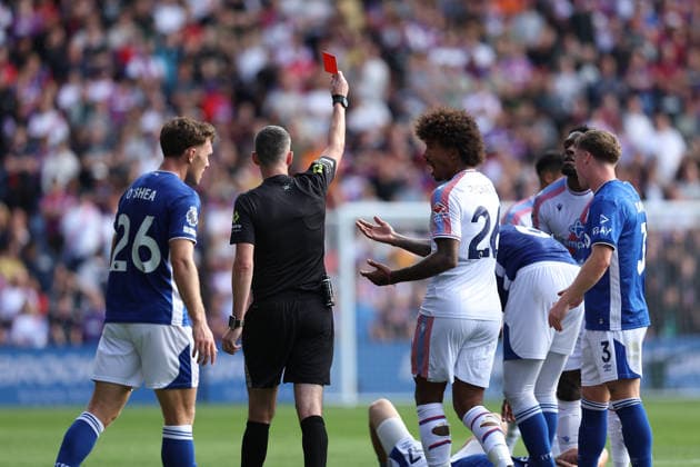 12th September 2026; Selhurst Park, London, England; Premier League Football, Crystal Palace versus Ipswich Town; Axel Disasi of Crystal Palace receives a straight red card for a foul on Jack Clarke of Ipswich Town KatiexChan