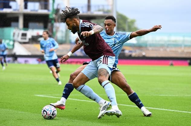 Tyrone Mings of Aston Villa is tackled by Dan Ndoye of Nottingham Forest Aston Villa v Nottingham Forest, Premier League, Football, Football, Villa Park, Birmingham, UK - 12 Sep 2026Birmingham Villa Park United Kingdom EDITORIAL USE ONLY No use with unauthorised audio, video, data, fixture lists, club league logos or live services. Online in-match use limited to 120 images, no video emulation. No use in betting, games or single club league player publications.  Copyright: xAnnaxGowthorpe Shutterstockx 17144543s
