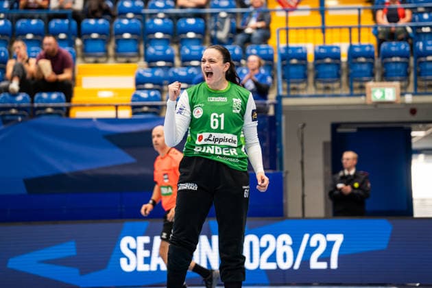 HSG Blomberg Lippe GER vs. Storhamar Handball Elite NOR, Handball, EHF Champions League Women, Group Stage, September 12, 2026, 2026–2027 Season, Lemgo: Nicole Roth of HSG Blomberg Lippe, 61, celebrates after a save at the Lemgo Phoenix Contact Arena in Germany