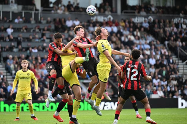 12th September 2026; Vitality Stadium, Bournemouth, England; Premier League Football, Bournemouth versus Brentford; Kristoffer Ajer and Yegor Yarmolyuk of Brentford FC competes in the air with Alex Scott of AFC Bournemouth SimonxWest