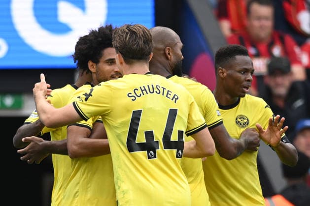 12th September 2026; Vitality Stadium, Bournemouth, England; Premier League Football, Bournemouth versus Brentford; Kevin Schade of Brentford FC celebrates with their team after scoring in 37th minute bringing the score to 0-1 SimonxWest