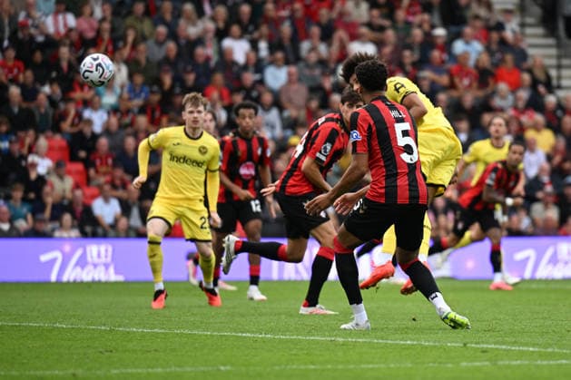 12th September 2026; Vitality Stadium, Bournemouth, England; Premier League Football, Bournemouth versus Brentford; Kevin Schade of Brentford FC heads the ball home to score in 37th minute bringing the score to 0-1 SimonxWest